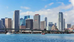 Miami skyline and bridge viewed across the waterfront